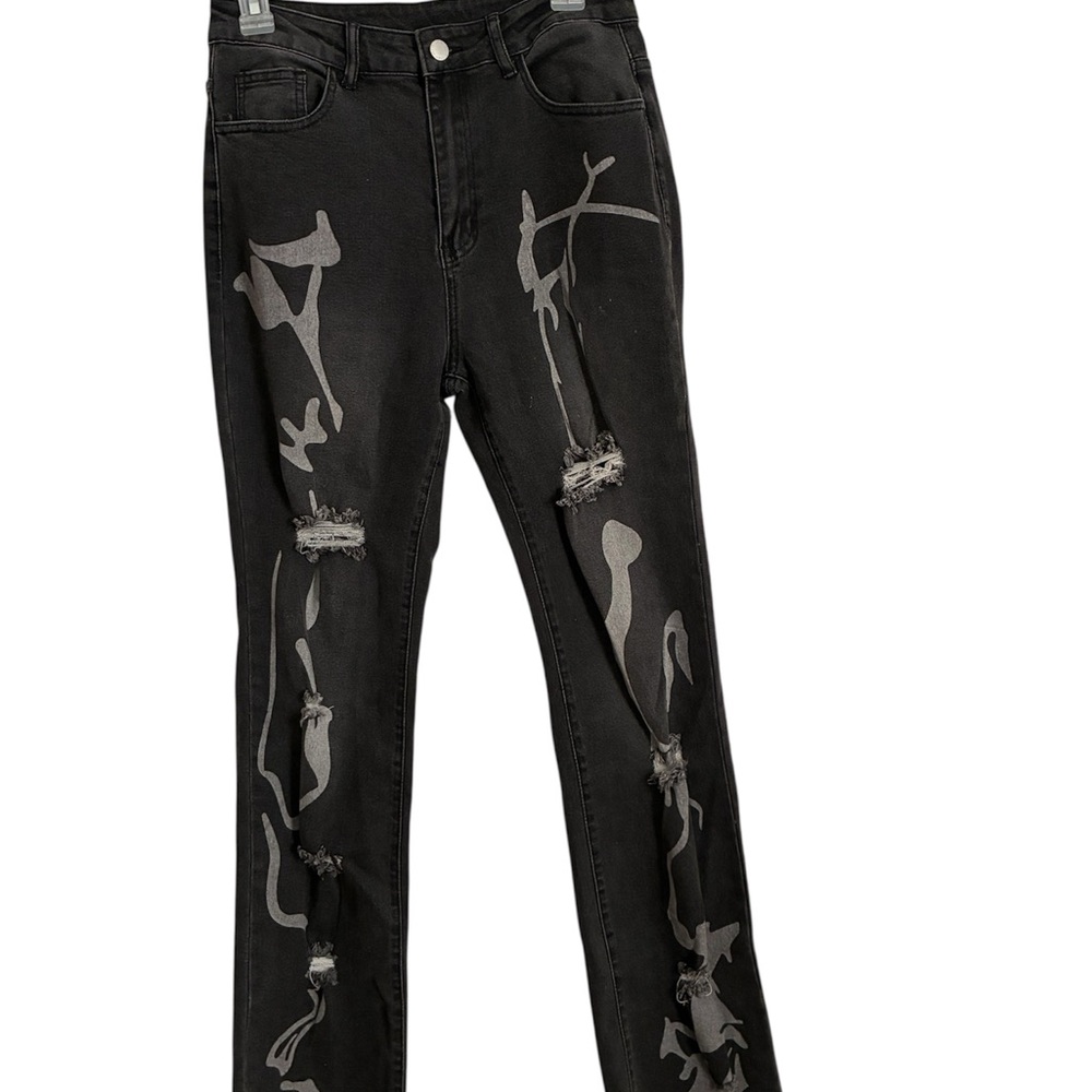 SHEIN Black Straight Leg Distressed Jeans